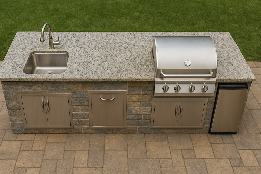 Overhead view of an L-shaped outdoor kitchen installation with granite countertops and stainless steel appliances.