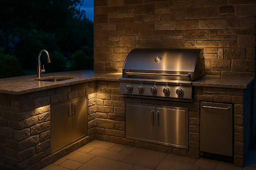 Outdoor kitchen installation with built-in grill, stone backsplash, and under-counter lighting for evening gatherings.